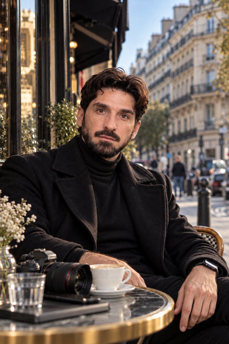 Alexander, Paris photographer, seated at a café table in Paris with a camera