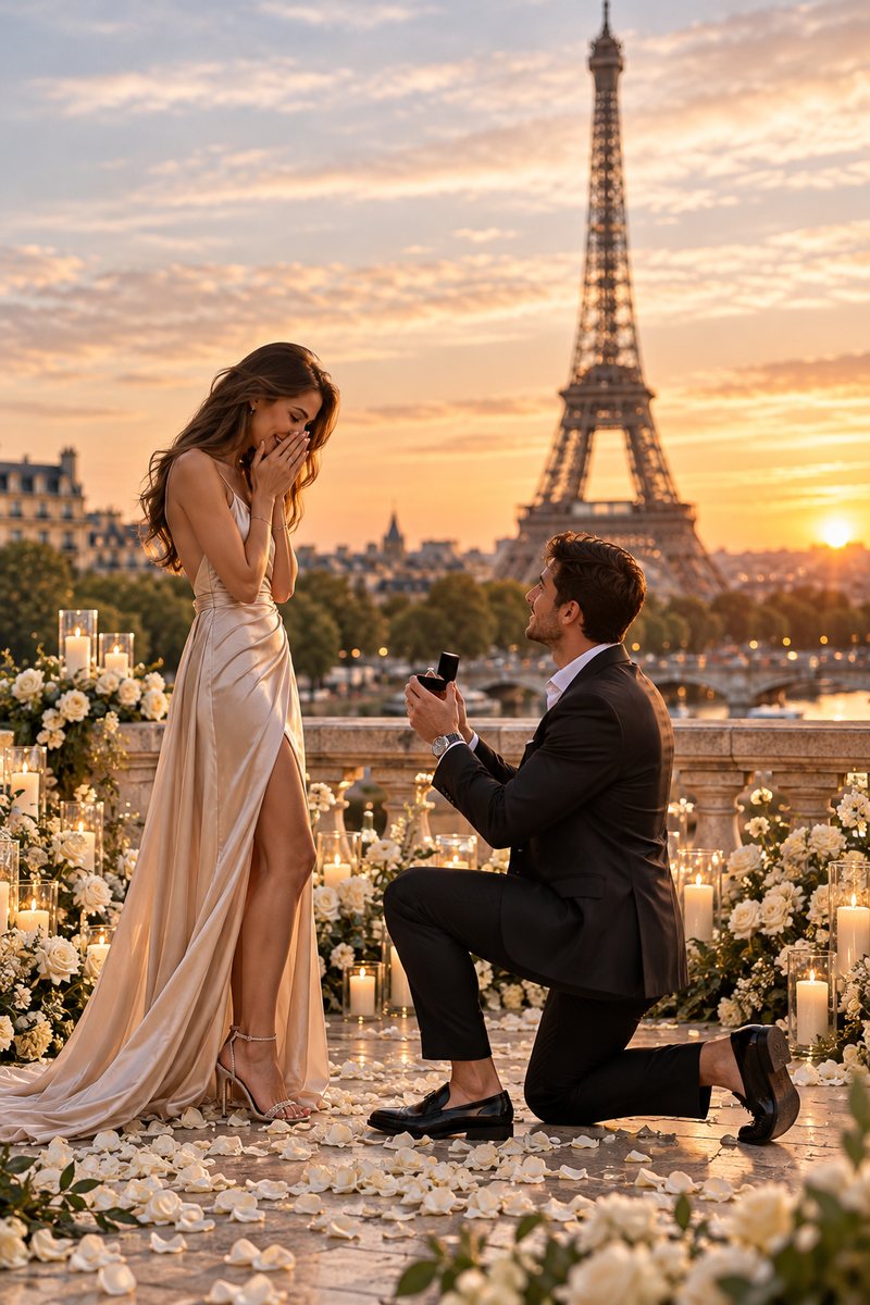 Proposal in Paris: a man kneels with a ring as the Eiffel Tower glows at sunset